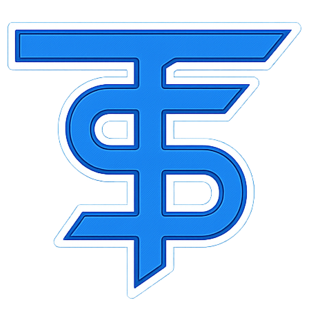 Blue logo with a stylized 'TP' on a white background
